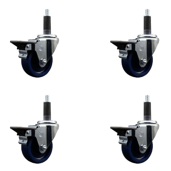 3.5'' Solid Poly Swivel 1'' Expanding Stem Caster Set with Brake, 4PK